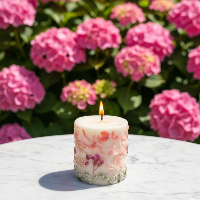 Свеча с розовой гортензией