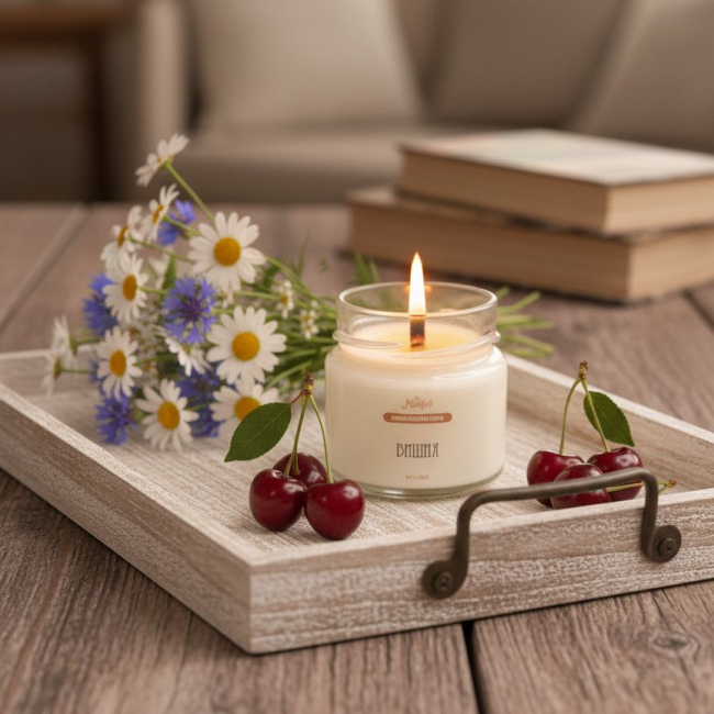 Свеча вишня с ромашками
